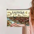 Detail view of multifunctional cosmetic bag featuring a vintage Amsterdam oil painting print - Amsterdam (jiayingpbb0452)