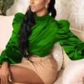 Green satin high-neck puff-sleeve top detail, elegant style, soft fabric finish. - Tops / Green / S