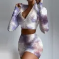 Tie-dye workout two-piece set long sleeve zip crop top and high waist shorts activewear - S / Top And Bottom / Purple