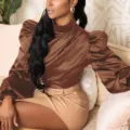 Brown satin high neck puff sleeve crop top for women elegant autumn fashion apparel - Coffee