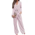 Elegant women casual loose long sleeve blazer jacket and matching wide leg pants suit set - XL / Top And Bottom / Pink