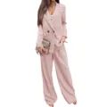 Detail view of fashionable women casual loose long sleeve blazer trousers two piece suit in pink. - S / Top And Bottom / Apricot