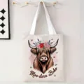 Bolso tote de lona minimalista con diseño de vaca Highland flores y texto Moo-dern Boho - Vaca Bohemia Floral (jiayingstd155) / 34x39cm