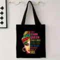 Bolso tote grande de lona negra con estampado colorido de Gemini Queen y una cita - Estilo Reina Géminis (jiayingstd172) / 34x39cm