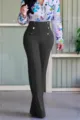 Women high waisted straight leg trousers elegant casual pants with double breasted buttons detail. - 2XL / Bottoms / Black