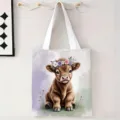 Bolsa de lona con estampado de vaca de las Highlands, corona de flores y tonos suaves - Ternero Con Corona de Flores Púrpura (jiayingstd156) / 34x39cm