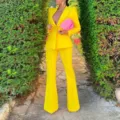 Women vibrant yellow blazer suit two piece set long sleeve jacket and flare trousers. - S / Top And Bottom / Yellow