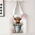 Bolsa de compras ecológica de lona con estampado de vaca de las tierras altas y flores - Vaca En Estilo Cubo Floral (jiayingstd157) / 34x39cm