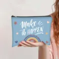 Light blue canvas makeup pouch featuring 'Make it HAPPEN' slogan and rainbow design. - Light Blue (Make it happen)