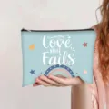 Light blue canvas pouch with Love Never Fails text and rainbow design for stationery - Light Blue (Love never fails)