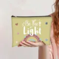 Portable canvas cosmetic bag with "Be The Light" quote and colorful rainbow print. - Beige (Be the light)