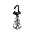 Detail shot of camping fishbone anchor peg with spring and carabiner for deck tent fixing. - Black