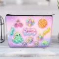 Detail of a canvas makeup bag with colorful fidget toy illustrations and zipper closure. - Feeling Fidgety Fidget Toys