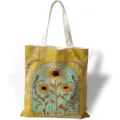 Vista dettagliata di una borsa tote in tela gialla con stampa girasole stile pittura - Dipinto ad Arco di Girasole (jiayingstd325) / 34x39
