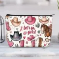 Detailed view of canvas cosmetic bag with western cowboy boots and hat print - Let's Go Girls Western Cowboy