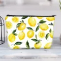 Large capacity canvas makeup bag with watercolor lemon print and black zipper closure. - Lemon Leaf Pattern