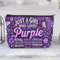Detail of purple canvas makeup bag with butterfly pattern and girl-themed quote. - Purple Butterfly Floral