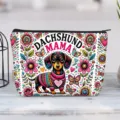 Vibrant canvas makeup bag featuring a colorful dachshund mama and floral illustration - Dachshund Mama Illustration