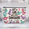 Detailed view of the canvas makeup bag featuring a cute dinosaur print for girls - Dinosaurs Cartoon Heart