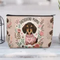 Detail view of canvas makeup bag featuring cute Dachshund Mama dog print and floral design - Dachshund Pink Heart Sweater