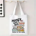 Bolso de lona blanco grande con estampado motivador 'Libros y Felicidad' para lectores - Libros con Eslóganes Inspiradores (jiayingstd370) / 34*39cm