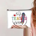 White canvas pencil case with Best Teacher Ever print and colorful pencil graphics - Best Teacher Ever Print (jiayingpbb0660)