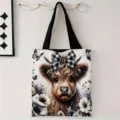 Bolsa de lona elegante con ilustración de vaca de las Tierras Altas y un lazo a cuadros - Vaca de las Tierras Altas Blanco y Negro Floral (jiayingstd371) / 34*39cm