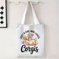Vista detallada de un bolso de lona blanca con un lindo corgi de dibujos y texto. - Estampado de Perro Corgi (jiayingstd258) / 34x39cm