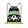 Soccer themed drawstring backpack featuring green SOCCER text and classic ball patterns - Black Soccer Print Style (jiayingskd113) / 34x41cm