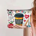 Close-up of teacher survival kit themed canvas zipper pouch for makeup or stationery - Teacher Survival Kit Print (jiayingpbb0667)