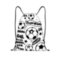 Close-up view of the black soccer ball and star pattern print on a white drawstring bag - Goal Team Work Style (jiayingskd115) / 34x41cm
