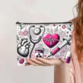Detailed macro view of a canvas makeup bag featuring a pink medical heart and stethoscope print - Dreamy Medical Elements Print (jiayingpbb0670)