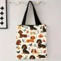 Elegante bolso de lona crema con lindos estampados de teckels y flores alegres - Múltiples Teckels de Dibujos (jiayingstd374) / 34*39cm