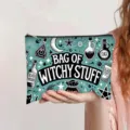 Detail view of witchy stuff makeup bag with magical potion and moon patterns now. - Teal With Black And White Illustration (jiayingpbb0607)