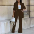 Detail shot of women brown blazer and flare pants two-piece suit set, elegant daily wear style. - 3XL / Coffee