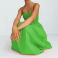 Green smocked camisole midi dress, summer high waist pleated sleeveless casual wear - XL / Grass Green