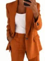 Women casual orange blazer and trousers suit set, stylish workwear office outfit for women. - M / Top And Bottom / Coffee