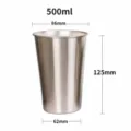 Stainless steel camping cup detail showing 500ml capacity, 125mm height, and 75.4g lightweight design. - L