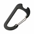 Black D-shape aluminum wire gate carabiner with bottle opener for outdoor camping and hiking. - Black