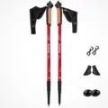 Adjustable aluminum trekking poles for outdoor hiking, lightweight walking sticks with accessories. - Red Pair
