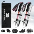 Outdoor folding trekking poles set, adjustable aluminum hiking sticks with carry bag and tips. - Macaron Pink