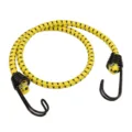 Close-up detail of heavy-duty yellow bungee cord with black metal hooks for secure camping setup. - 60cm Yellow