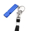 Aluminium emergency survival whistle with lanyard and metal keychain for outdoor camping. - Blue