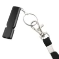 Black metal survival whistle with keychain and lanyard, perfect for outdoor emergency use. - Black