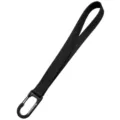 Black fabric strap with metal carabiner hook for strollers and bags, durable design. - Black