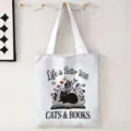 Bolsa de lona grande con estampado de gato negro y libros, ideal para compras y estudios - Gato con Libros y Flores (jiayingstd254) / 34x39cm