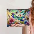 Vibrant dragonfly watercolor print on canvas makeup pouch being held by hand - Colorful Dragonfly and Flower Print (jiayingpbb0672)
