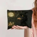Detailed view of large cosmetic bag with moonlit witch illustration being held - Black Forest Moon (jiayingpbb0609)