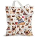 Vista detallada del bolso de lona con ilustraciones de carlinos animados y texto woof - 卡通八哥犬款式(jiayingstd179) / 34*39cm