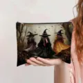 Detailed macro view of large Halloween cosmetic bag featuring a three-witch forest illustration - Three Witches Back View (jiayingpbb0614)